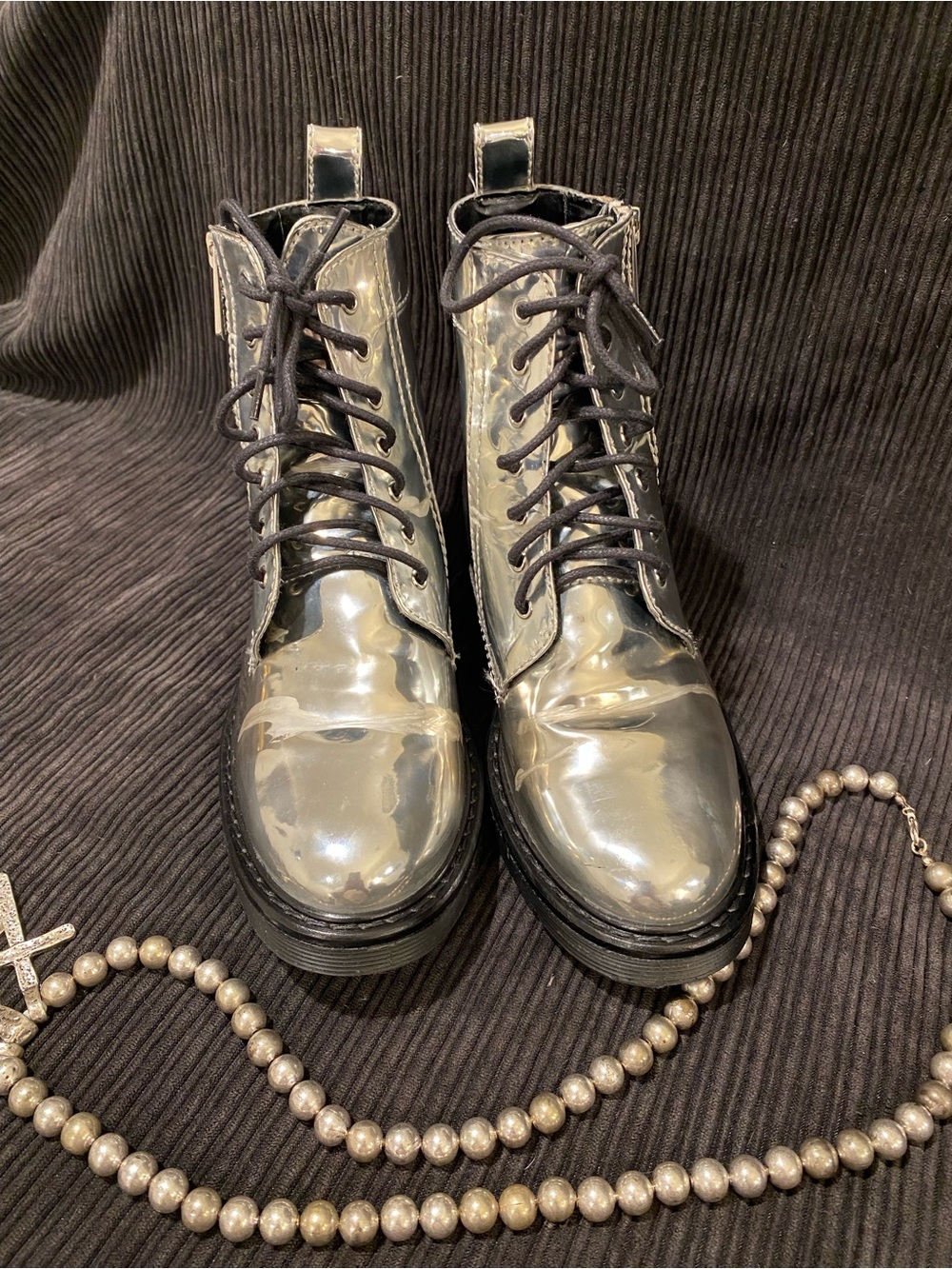 Armani Exchange Metallic Silver Lace-Up Combat Boots